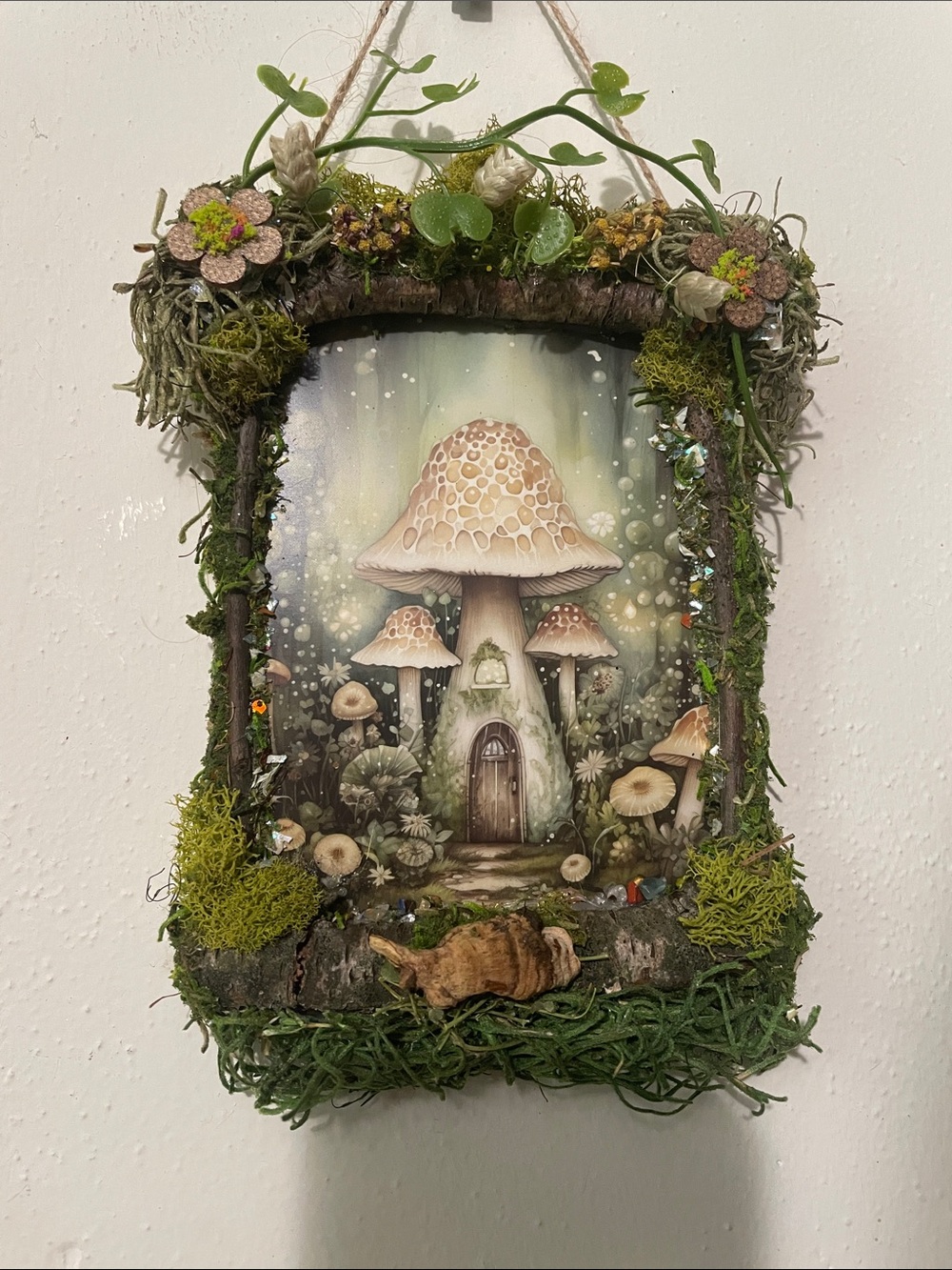 Fairy Whimsical Mushroom House print handcrafted border- Green & Brown moss